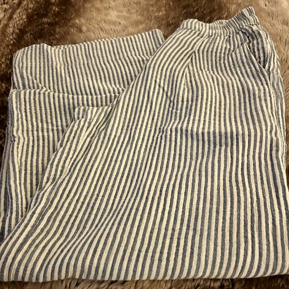 Aerie| Striped Blue and White Pants | elastic waist w/ button and zipper closure